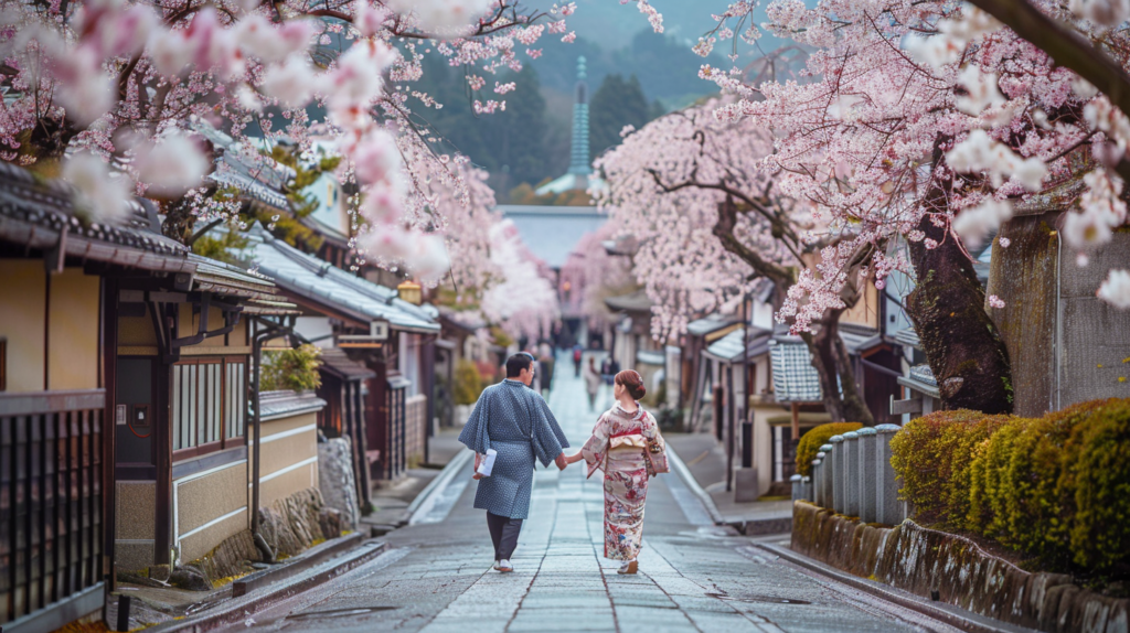 A couple in luxury attire and traditional kimonos enjoying a serene walk under Kyoto's cherry blossoms, with historic temples subtly visible, blending modern luxury with ancient tradition.