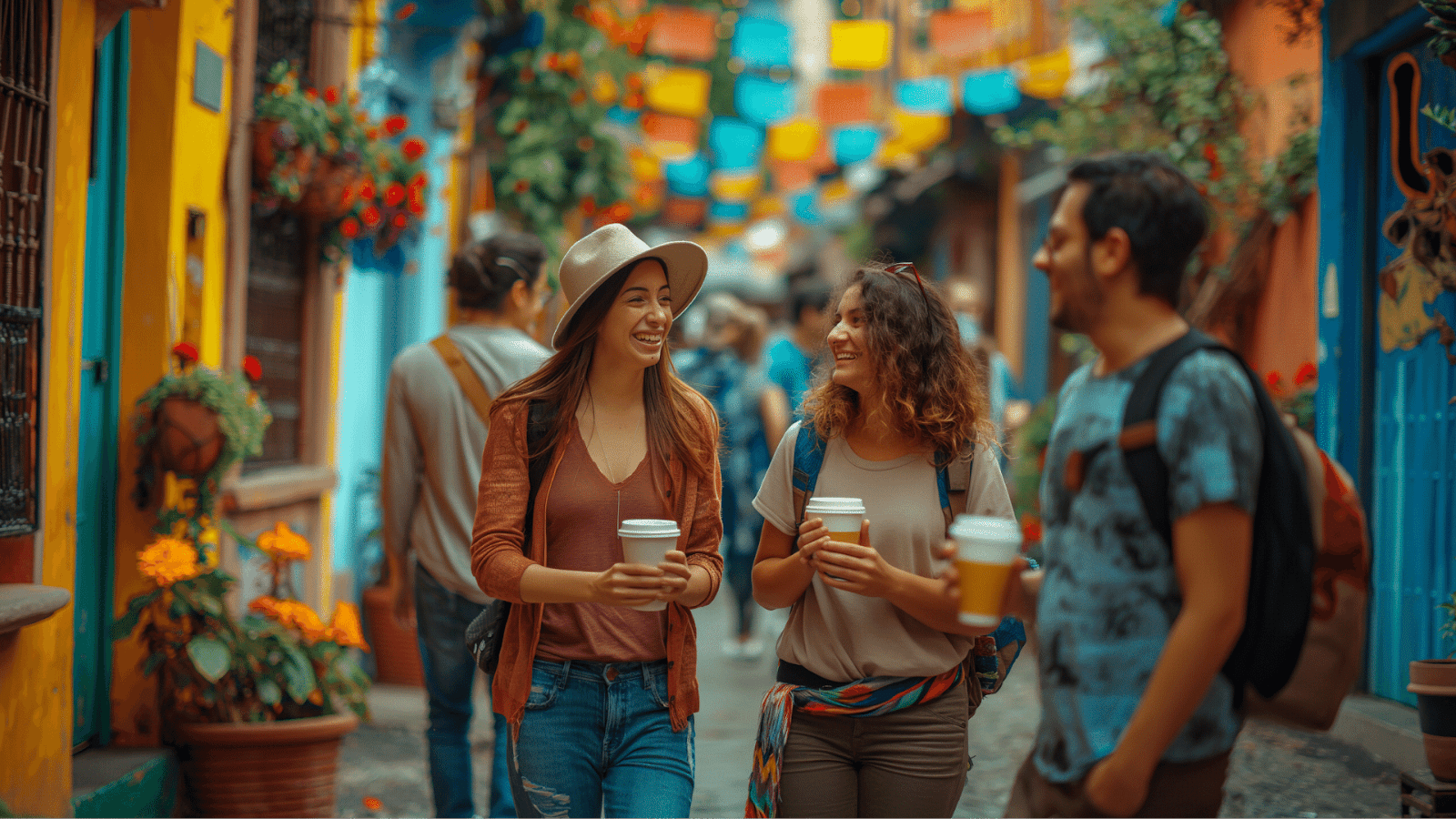 Friends with coffee on a colorful street, near top cafes in Mexico City