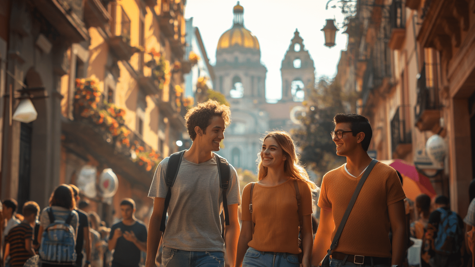 Friends walking by colonial architecture near Museo de Arte Popular in Mexico City