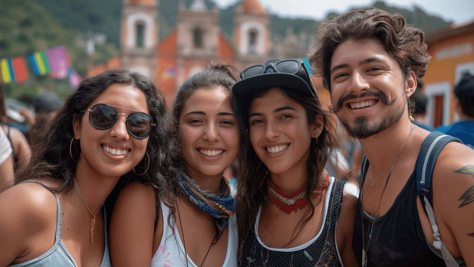 Four friends pose for a photo in Valle de Bravo, enjoying the vibrant street life