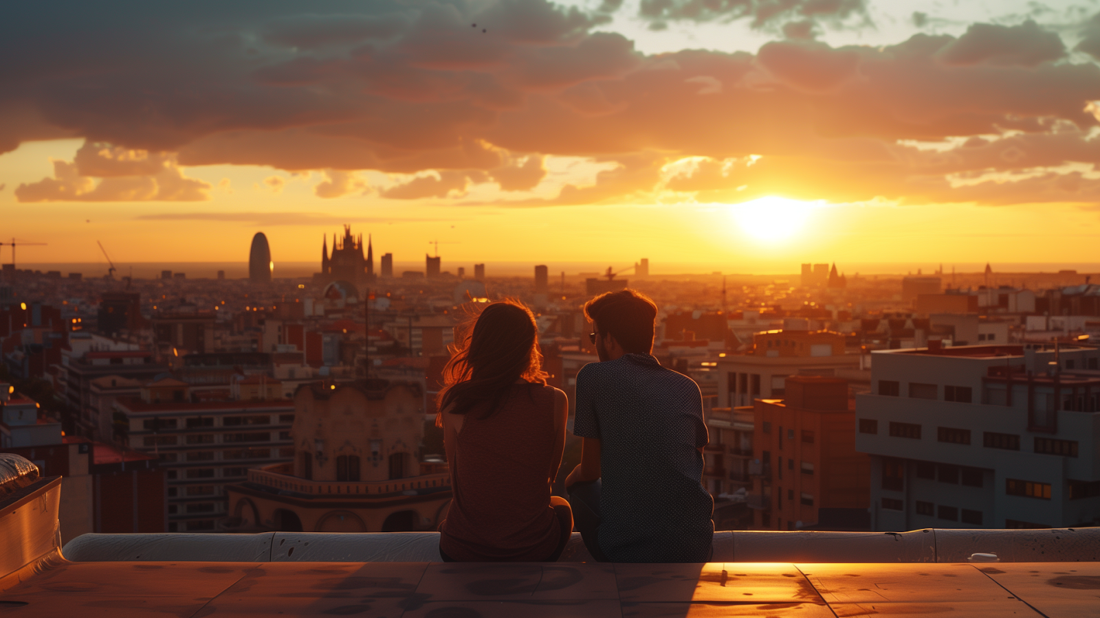 Couple admiring Barcelona's skyline and Sagrada Família at sunset from a rooftop.