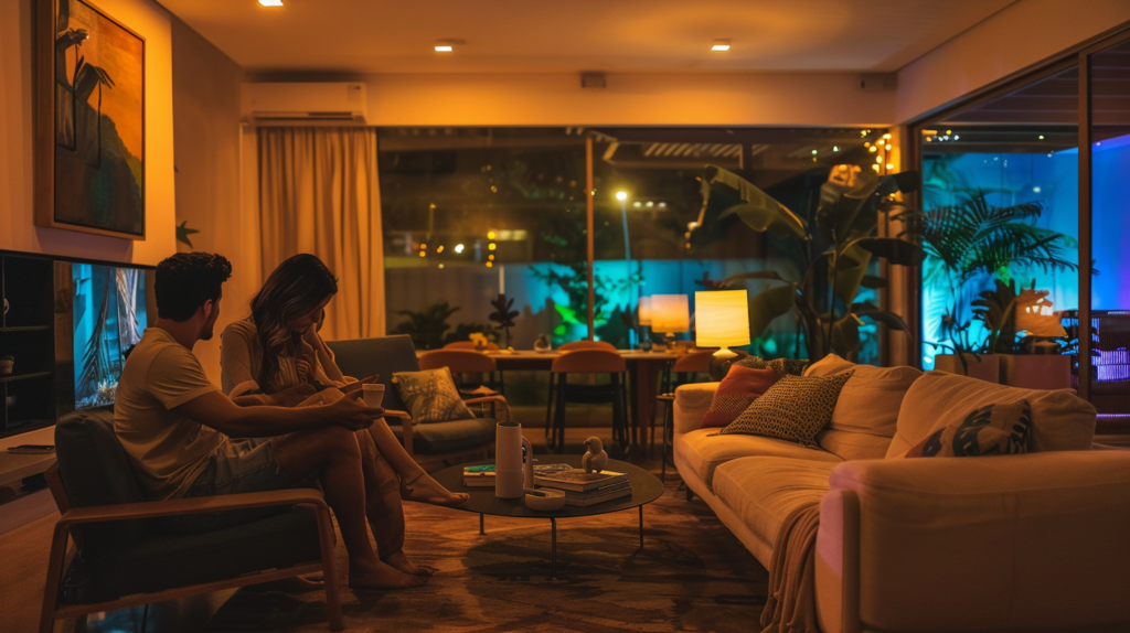 Family using voice commands to adjust smart lighting in a culturally rich Casai rental in São Paulo.