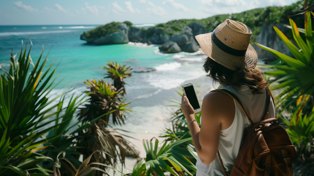 Solo traveler using Butler on the Casai app to explore Tulum's eco-tours and local cuisine, surrounded by natural beauty.