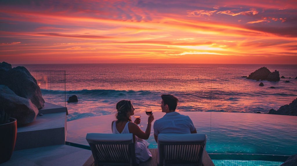Couple experiencing a serene sunset in Los Cabos from their Casai property, enhanced by Butler's smart home ambiance.