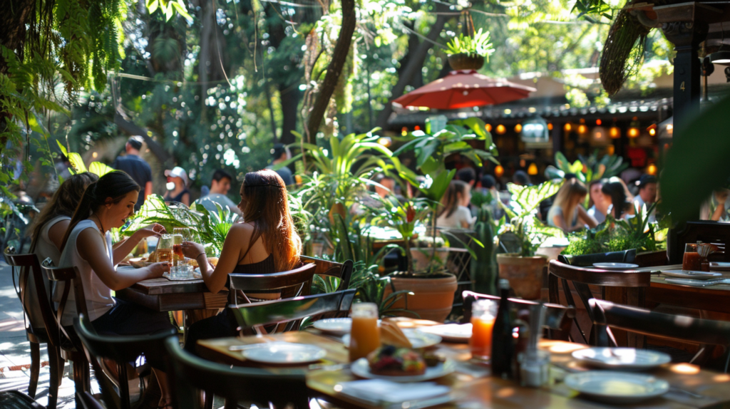 Brunch at a cozy Mediterranean cafe in Condesa, Mexico City, with diners enjoying the sunny ambiance and views of Parque España, highlighting the local culinary scene.

