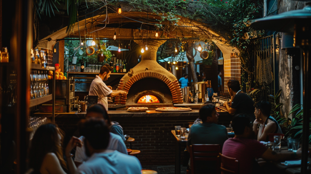Diners enjoy Neapolitan-style pizza at an open-air bar in Roma, Mexico City, under string lights, with a chef preparing pizzas in a wood-fired oven, embodying the city's lively dining culture.
