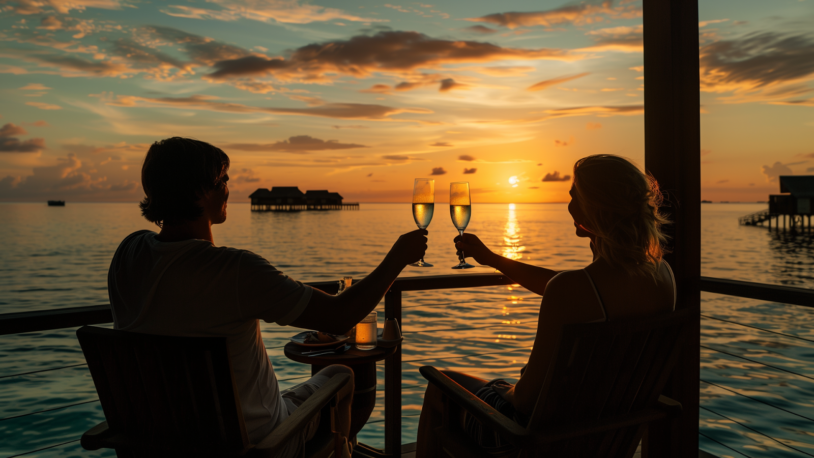 Couple celebrating with champagne on a Maldives overwater bungalow deck at sunset.