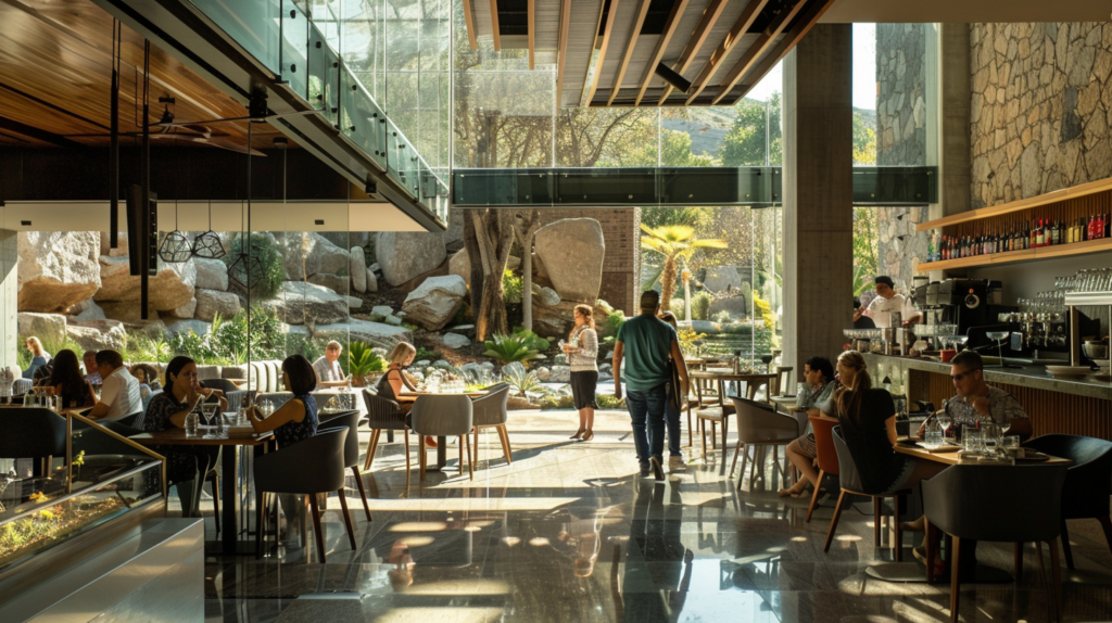 Diners at a modern restaurant in Jardines del Pedregal, Mexico City, with a focus on the blend of architecture, design, and creative cuisine, showcasing the city's innovative dining experiences.
