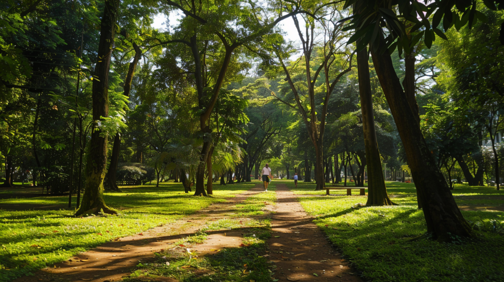 Tranquil morning in Trianon Park, showcasing individuals enjoying the lush green retreat amidst the urban landscape of Jardins, São Paulo.