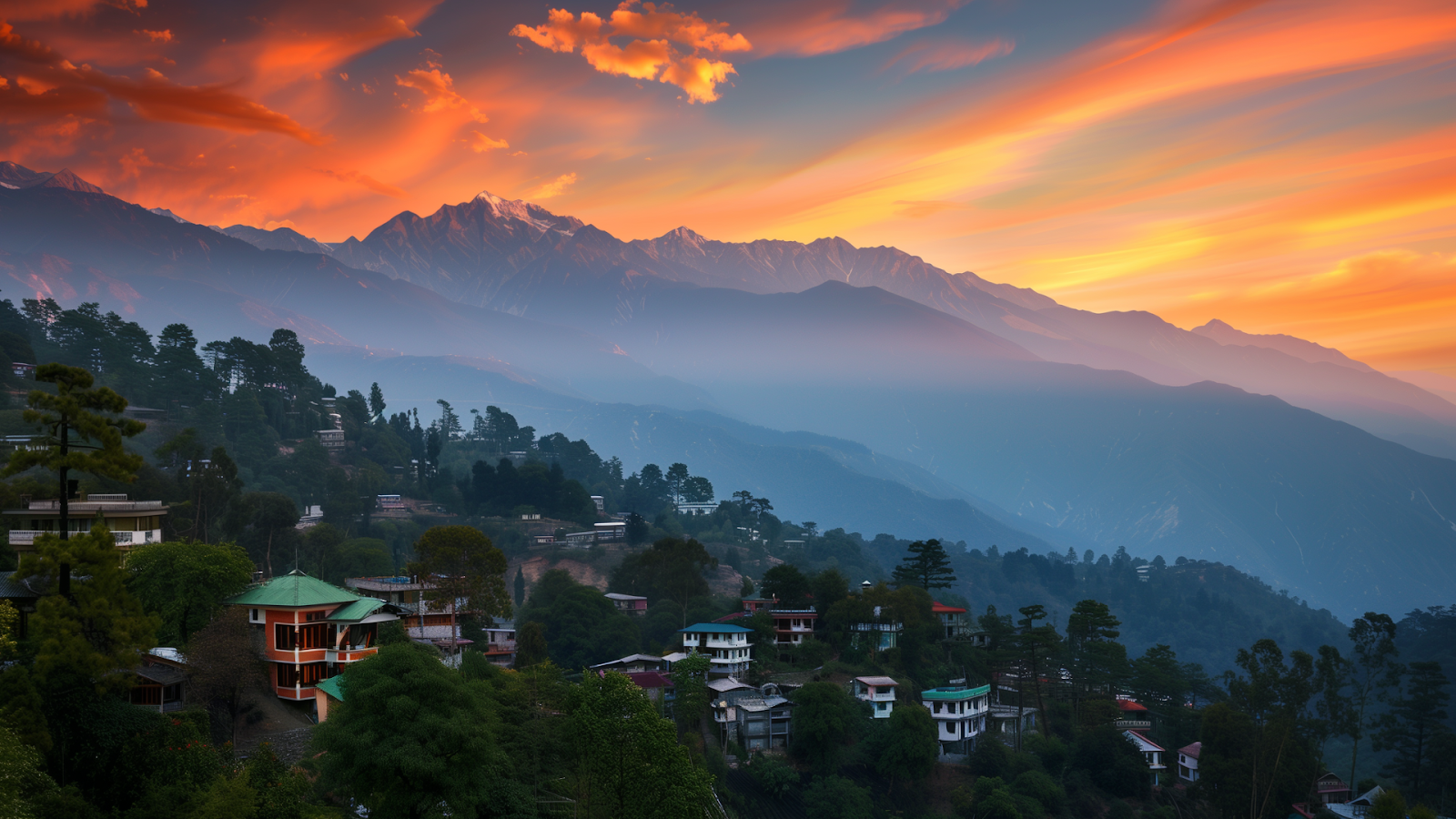 Breathtaking sunset over the Himalayas viewed from a Dharamshala retreat, encapsulating the essence of serene wellness escapes.
