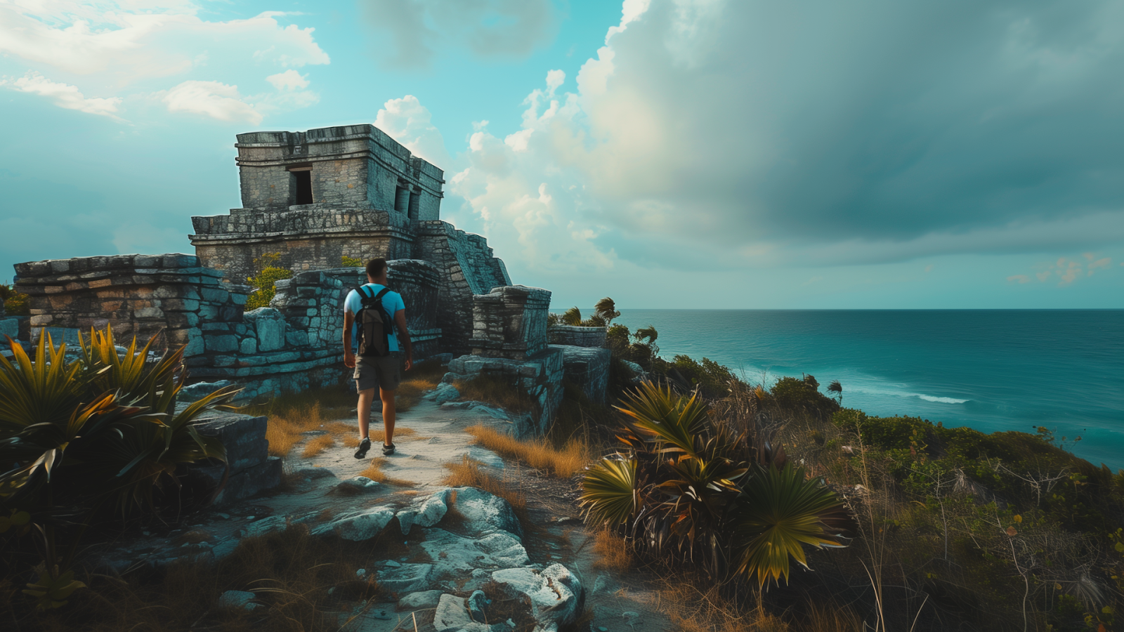 Traveler exploring the ancient ruins of Tulum, merging adventure with the serene beauty of Mexico. 