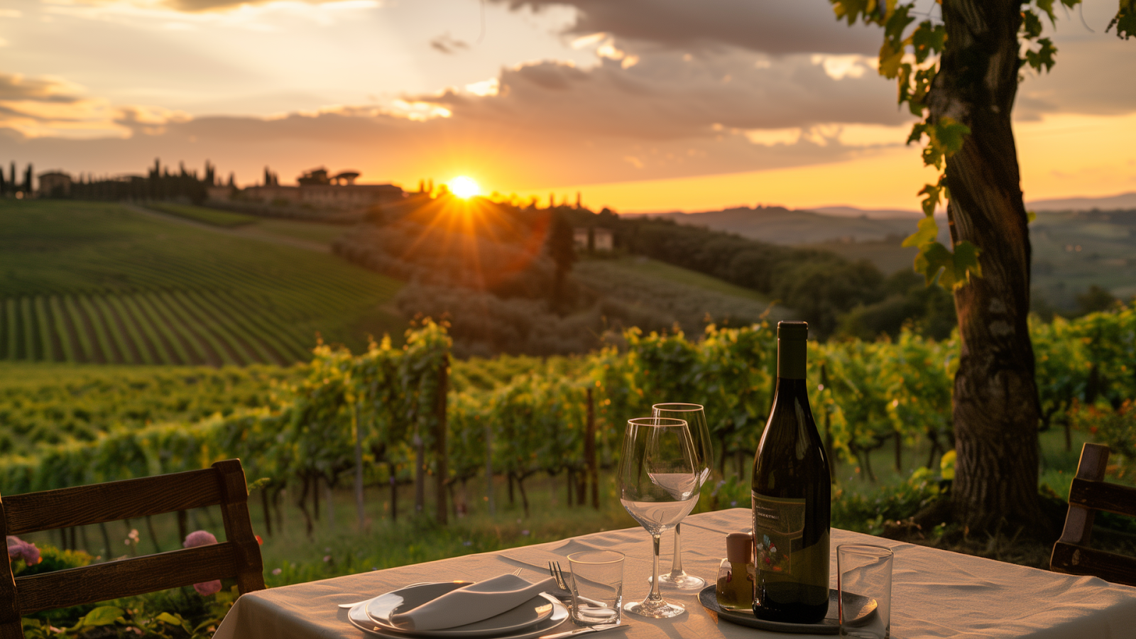 Golden hour view from a Tuscan villa terrace with dinner setup overlooking vineyard-covered hills.