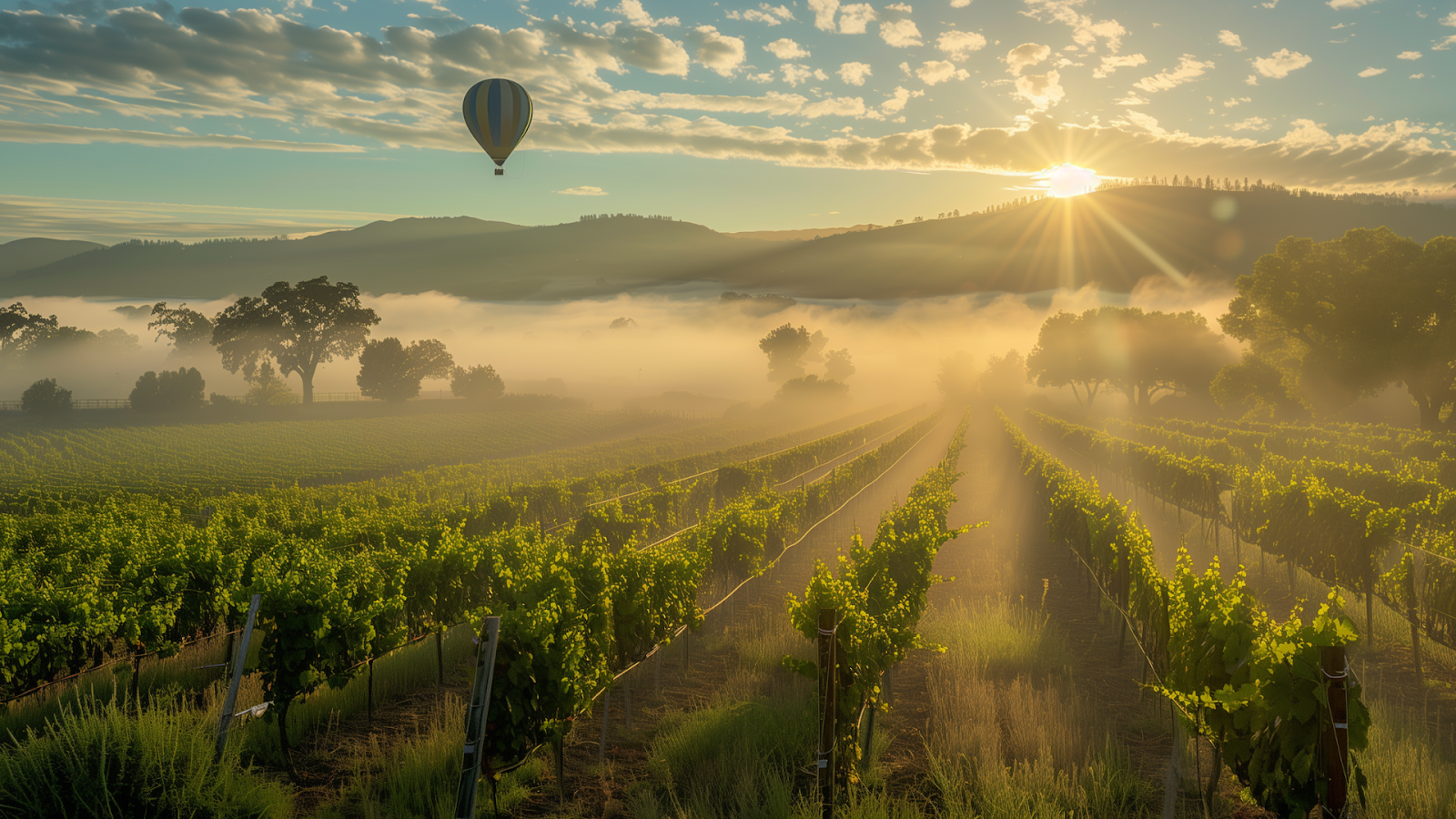 Early morning in Napa Valley with sunlight piercing through fog over vineyards and a hot air balloon in the distance.