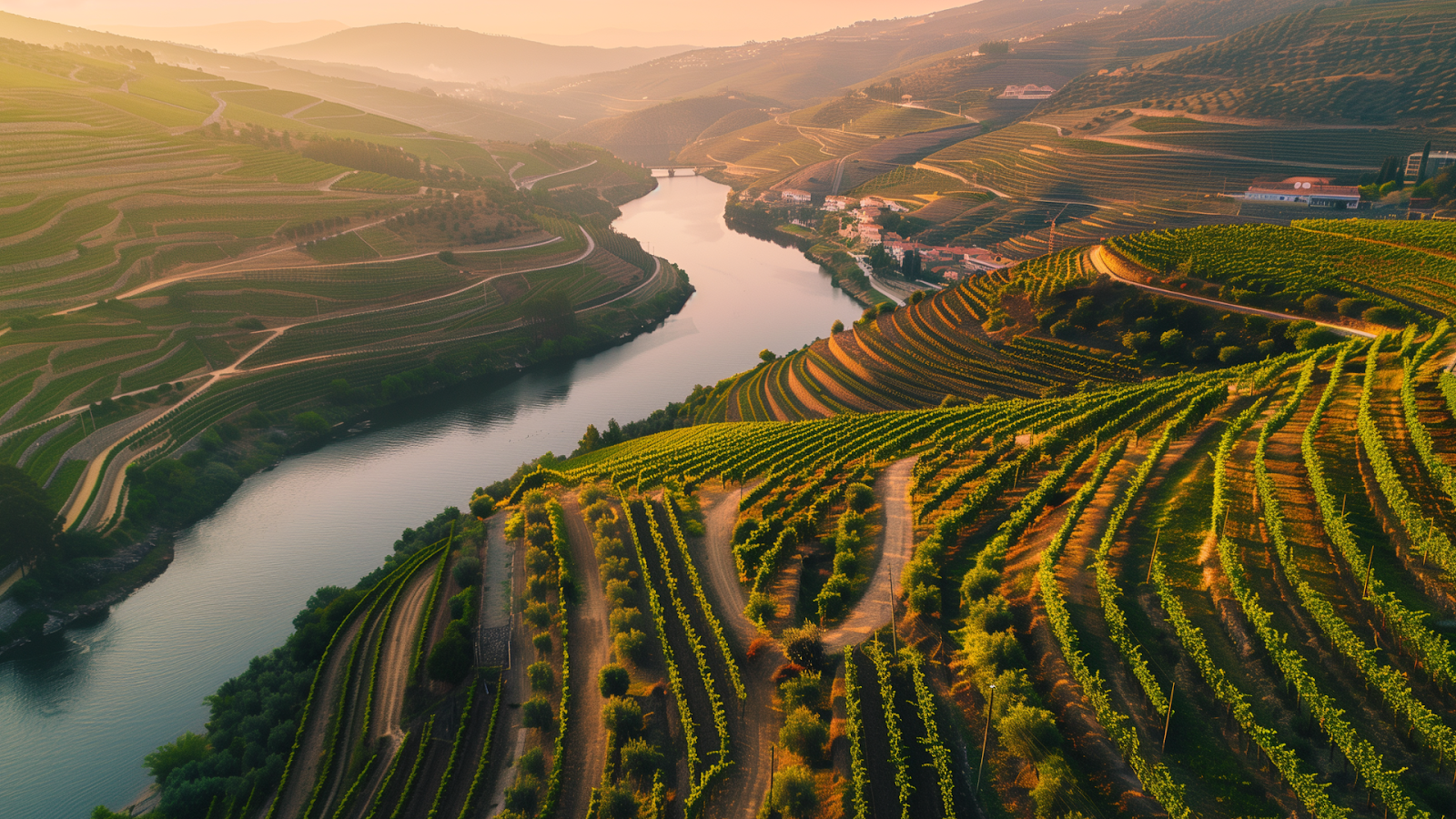 Drone view of Douro Valley during harvest with terraced vineyards and the river winding through.