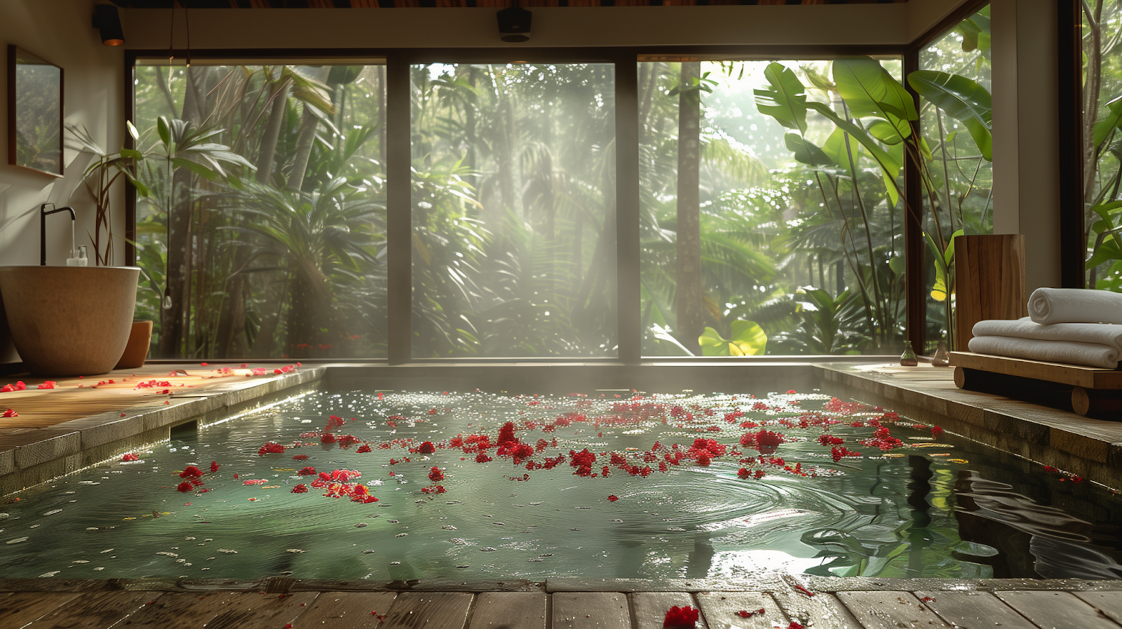 A spa pool with petals of flowers on the surface