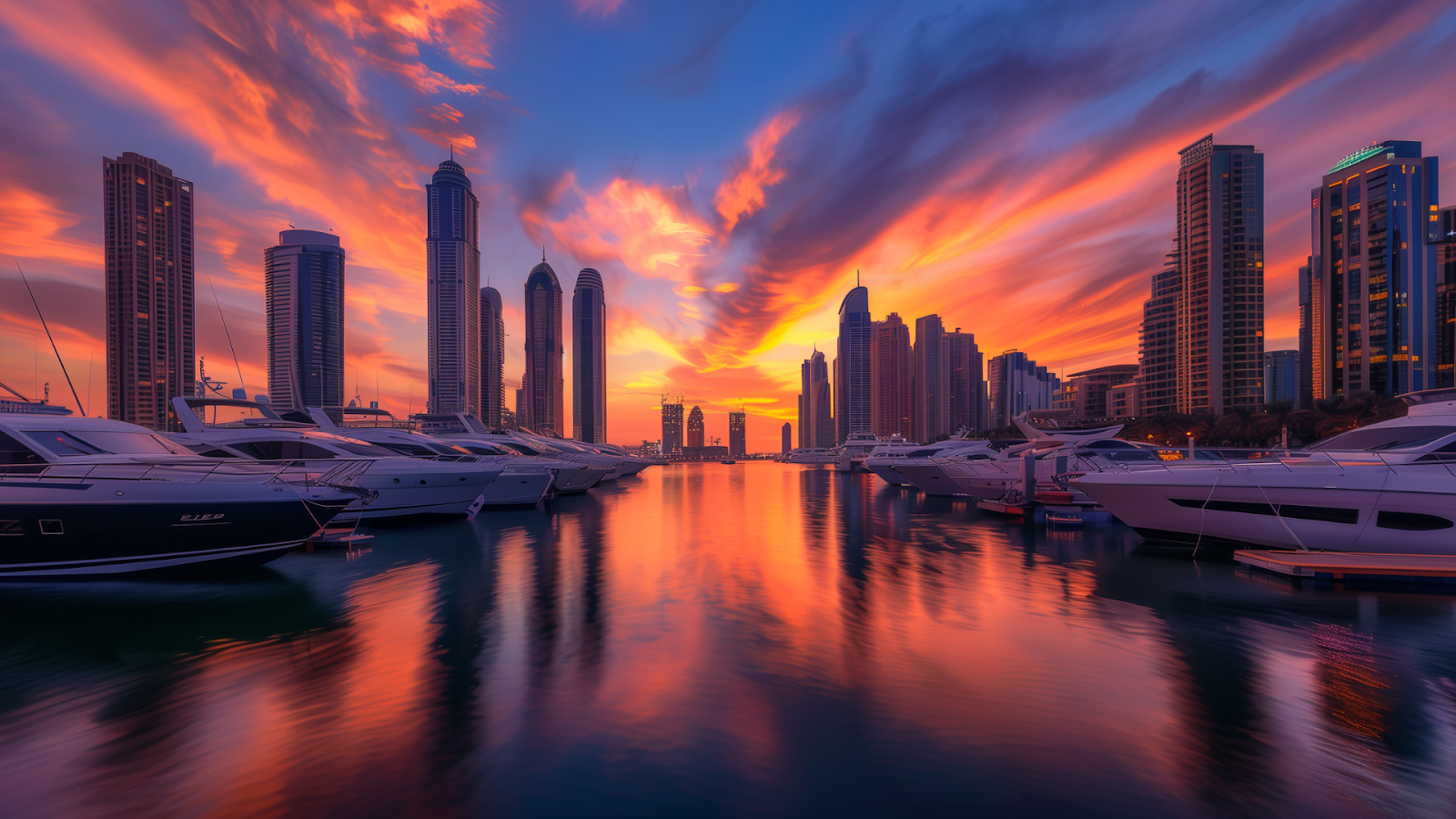 Sunset illuminating Dubai Marina, showcasing luxury yachts and the city's modern skyline.