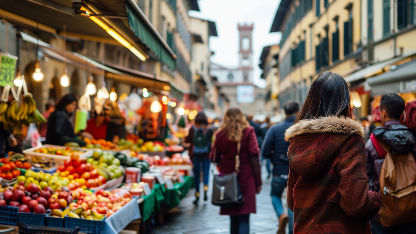 View of a lively Florence market, with vibrant stalls and historic buildings.