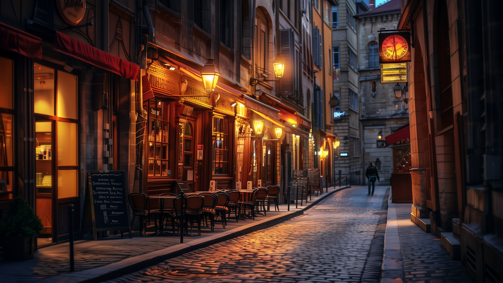 Vieux Lyon at dusk, where the historic charm is enhanced by street lamps and lively café culture. 
