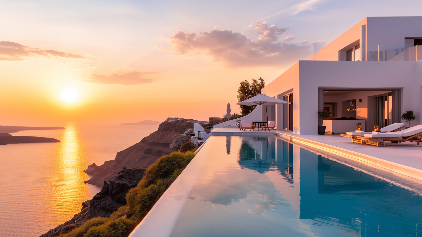Warm sunrise illuminating a luxury villa in Santorini with a stunning view of the caldera.