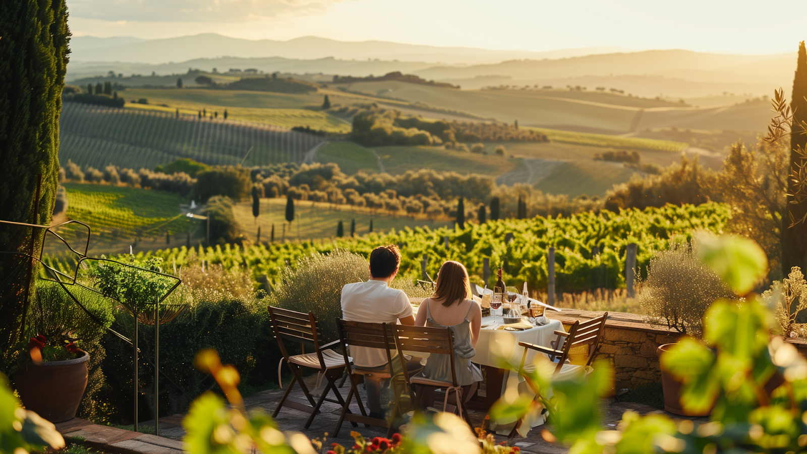 Couple enjoying a private dinner on their villa's terrace in Tuscany, Italy.