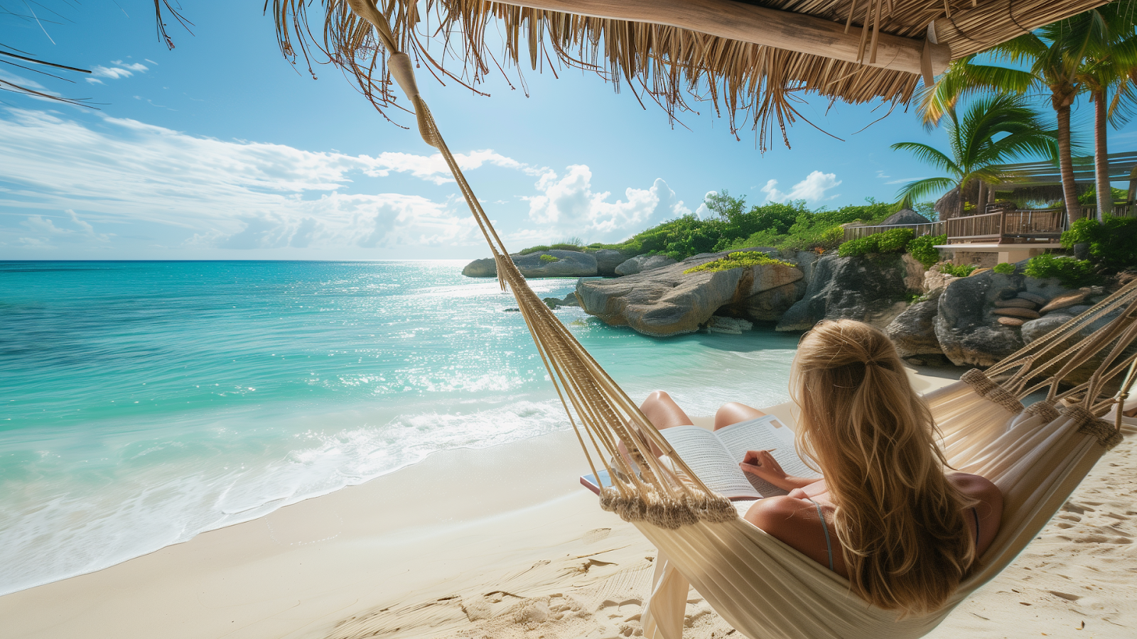 Traveler enjoying a moment of relaxation in a hammock with a book at a luxury Caribbean beach house. 