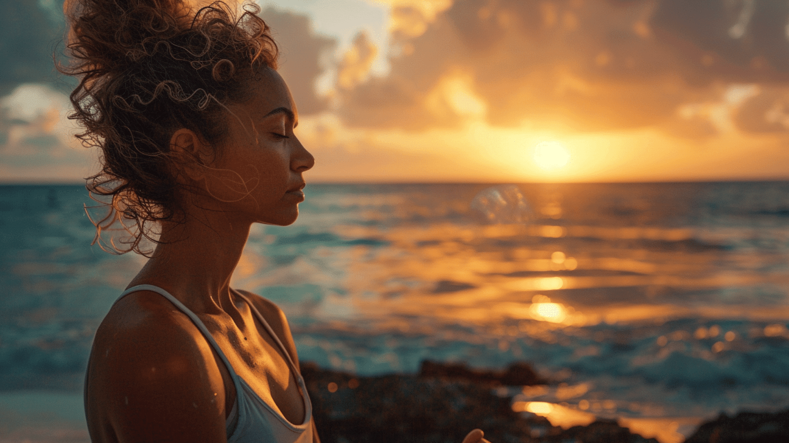 Woman meditating at sunrise on a Tulum beach, embodying the peace and safety of wellness experiences in this Mexican paradise