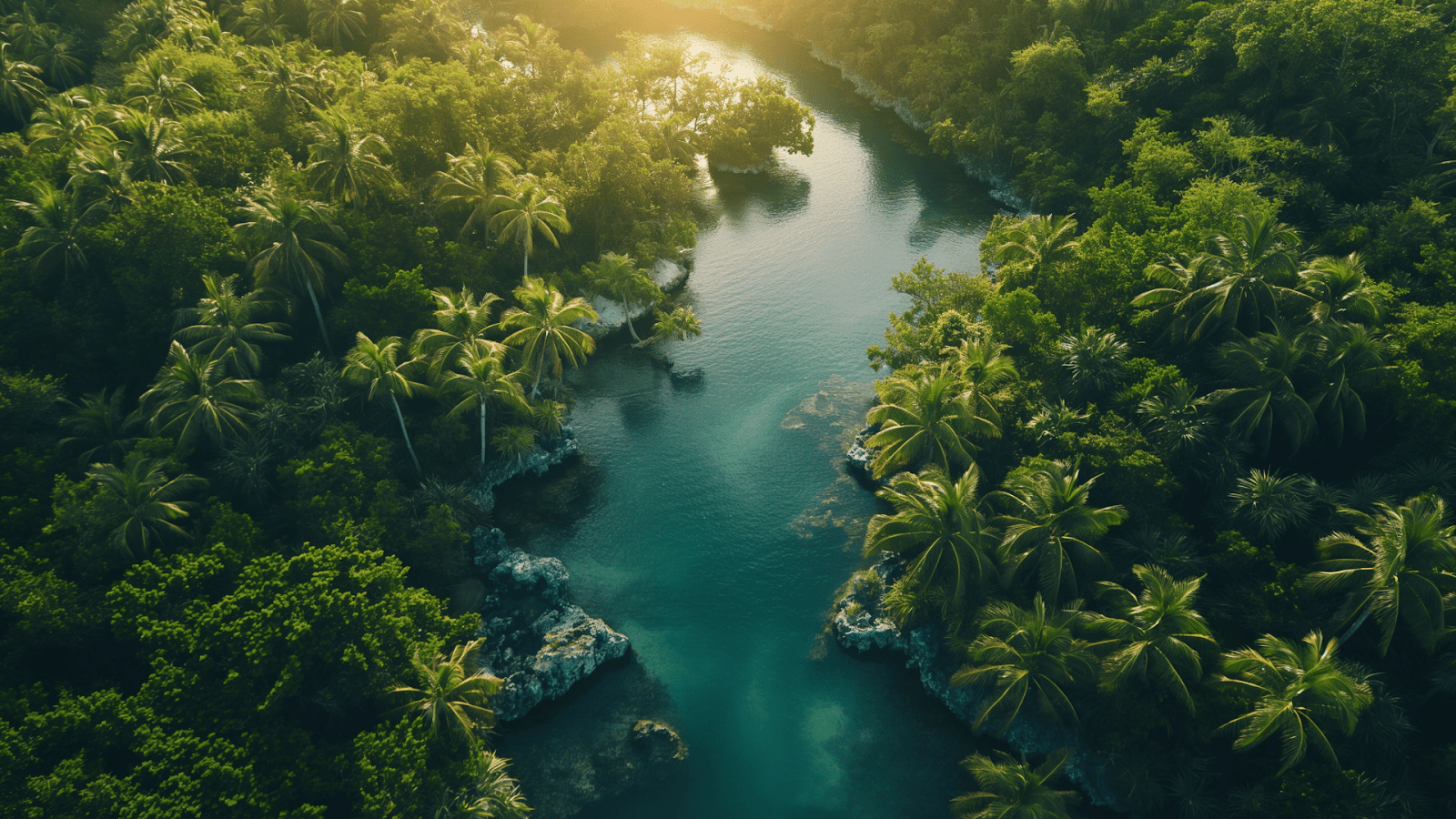 Overhead shot of a serene river snaking through Tulum's lush greenery, showcasing a tranquil and secure getaway destination
