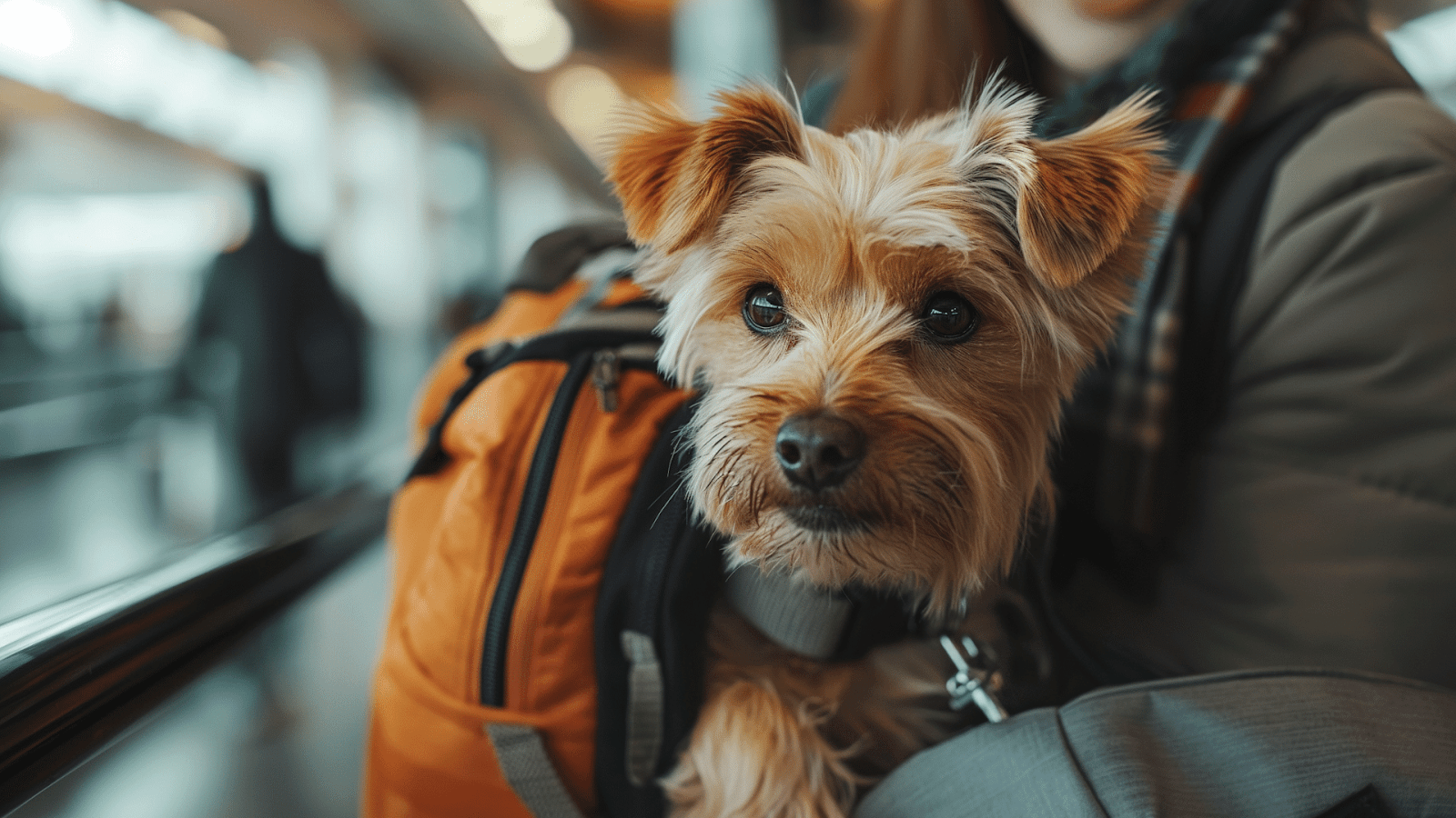 Dog peeking from an orange backpack