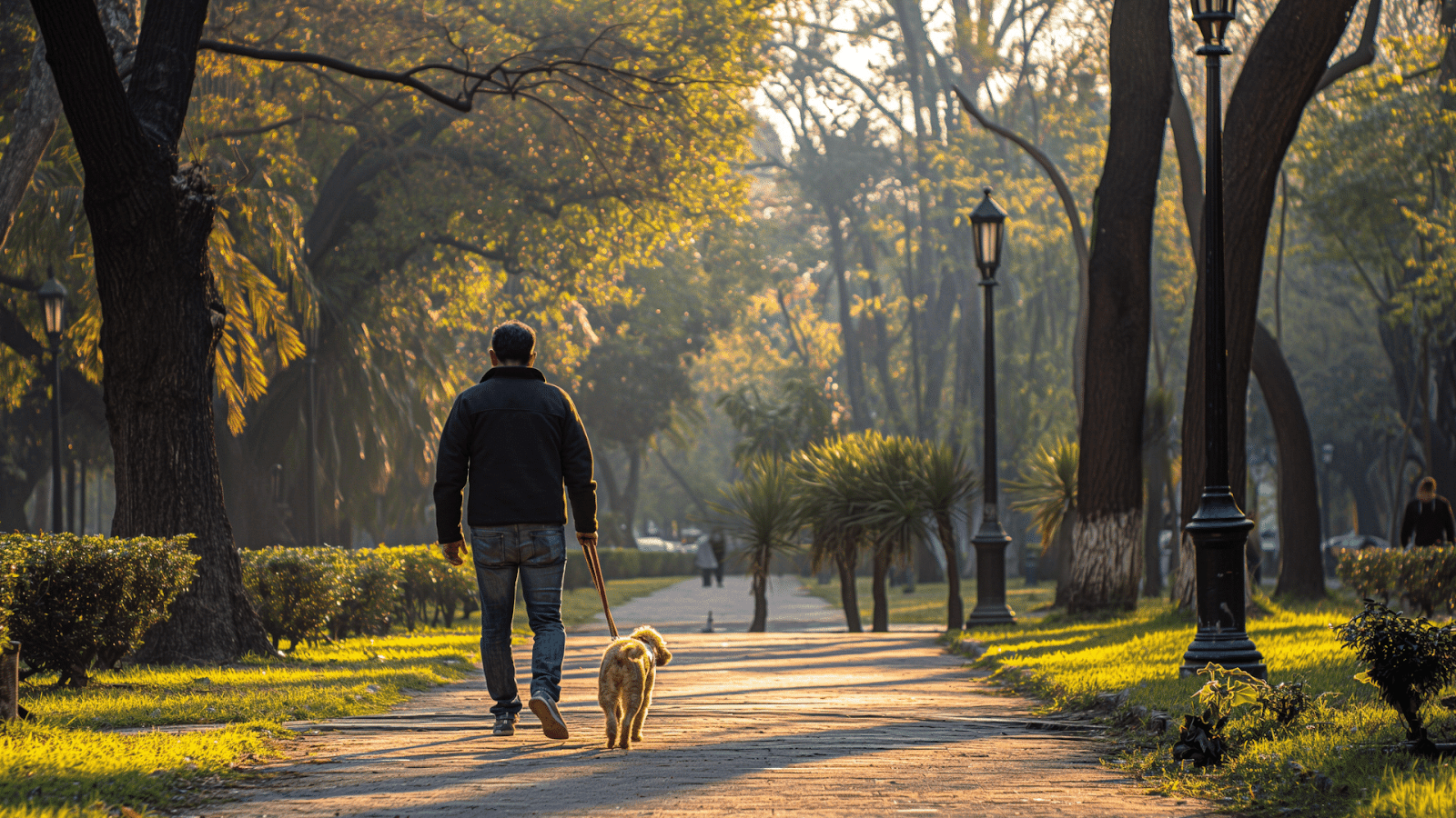 Man walking his dog in a park in Mexico City