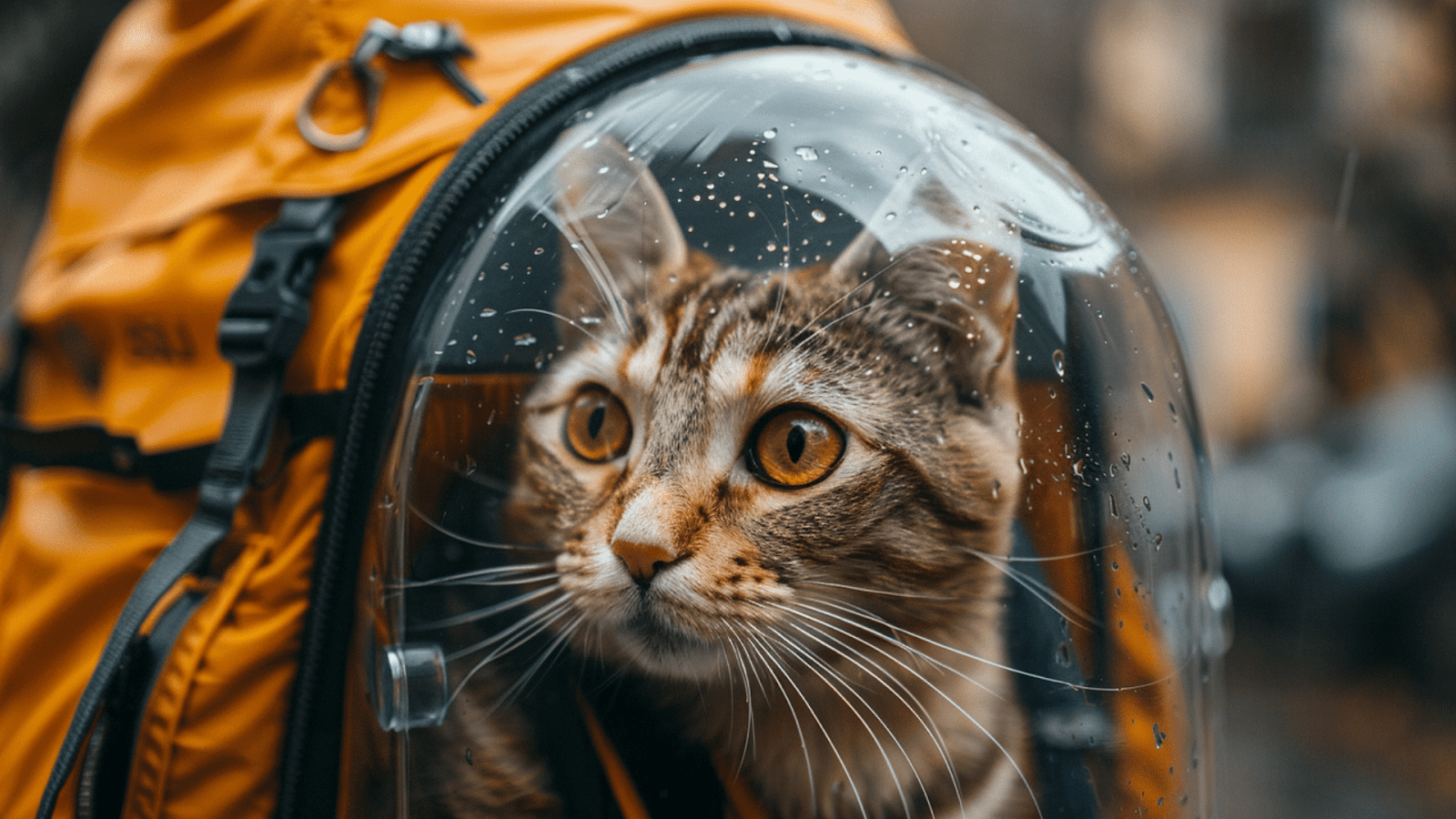 Cat in a bubble backpack, looking out at the rain, traveling around Mexico