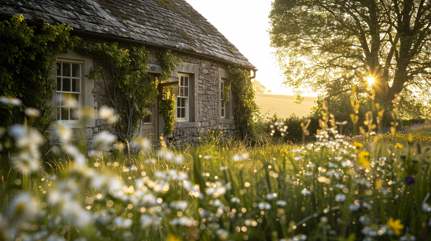 Early morning view of a stone rustic cottage with ivy walls, surrounded by dew-covered grass and wildflowers, in the English countryside.
