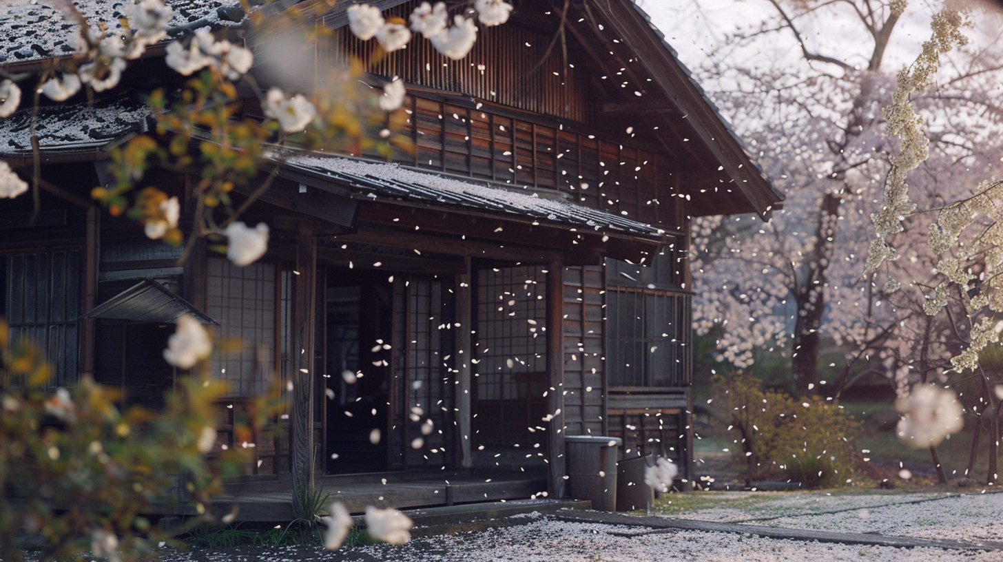 Traditional Japanese rustic cottage in Kyoto, surrounded by the serene beauty of cherry blossoms in full bloom, with petals gently falling.