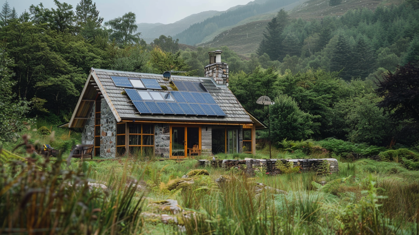 An eco-friendly rustic cabin in the Scottish Highlands, showcasing sustainable living with solar panels, nestled in lush spring greenery.