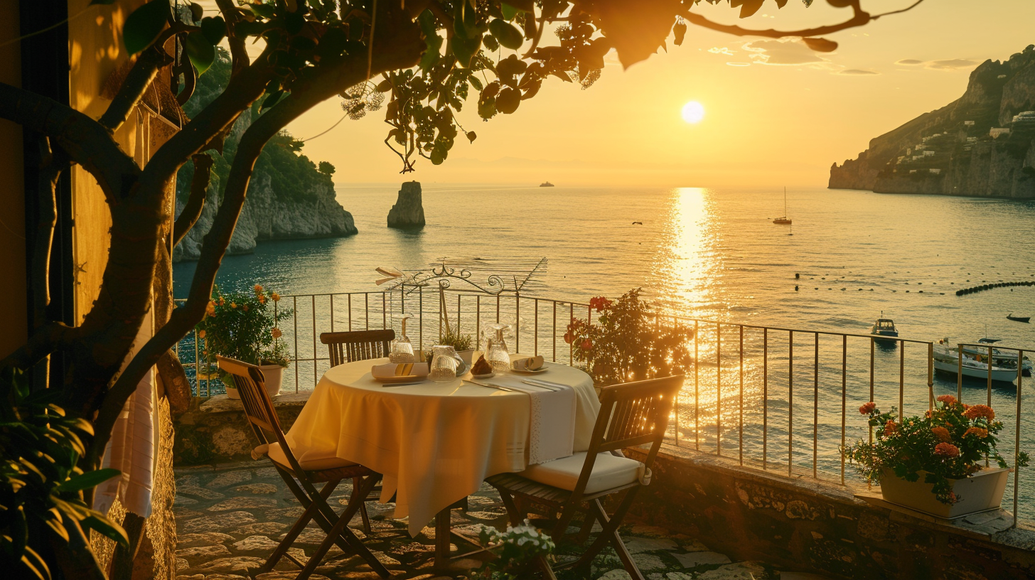  A serene sunset envelops a beachfront cottage villa on the Amalfi Coast, Italy, with its terrace offering an intimate view of the golden sea.