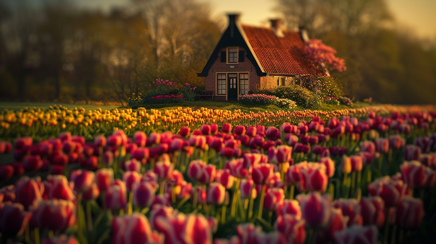 A Dutch cottage villa stands amidst a dazzling array of tulip fields in the Netherlands, bathed in the soft light of a late afternoon sun.
