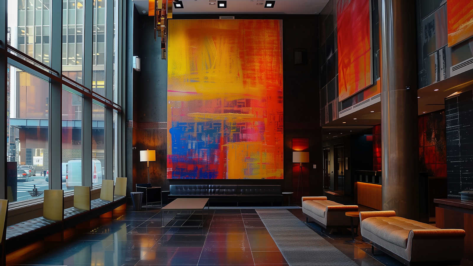 Artistically decorated lobby of a New York City boutique hotel, blending luxury with contemporary art and the city's vibrant spirit.