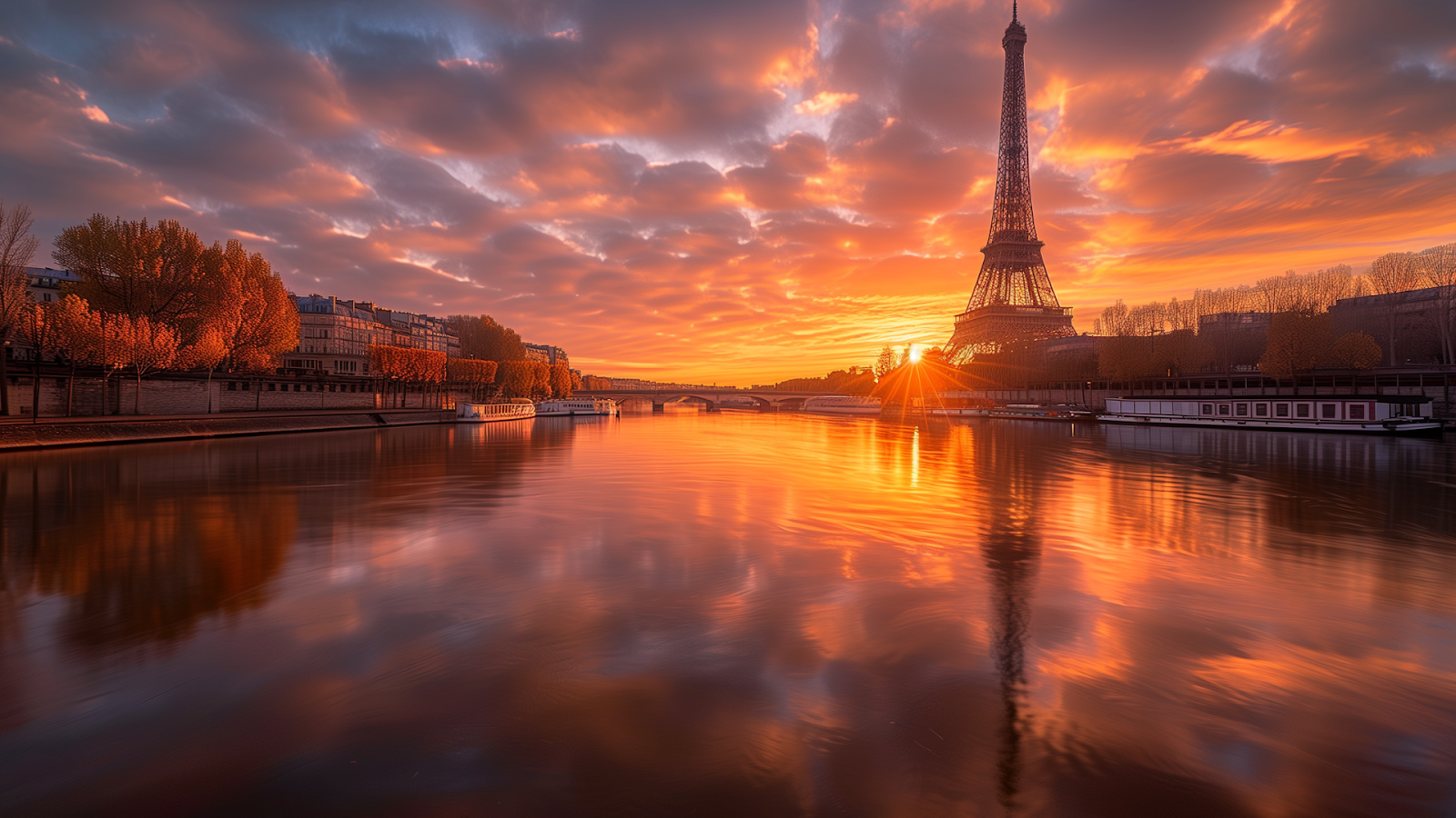 Serene sunrise over the Seine River with the Eiffel Tower in the background, highlighting Parisian luxury and artistic elegance.