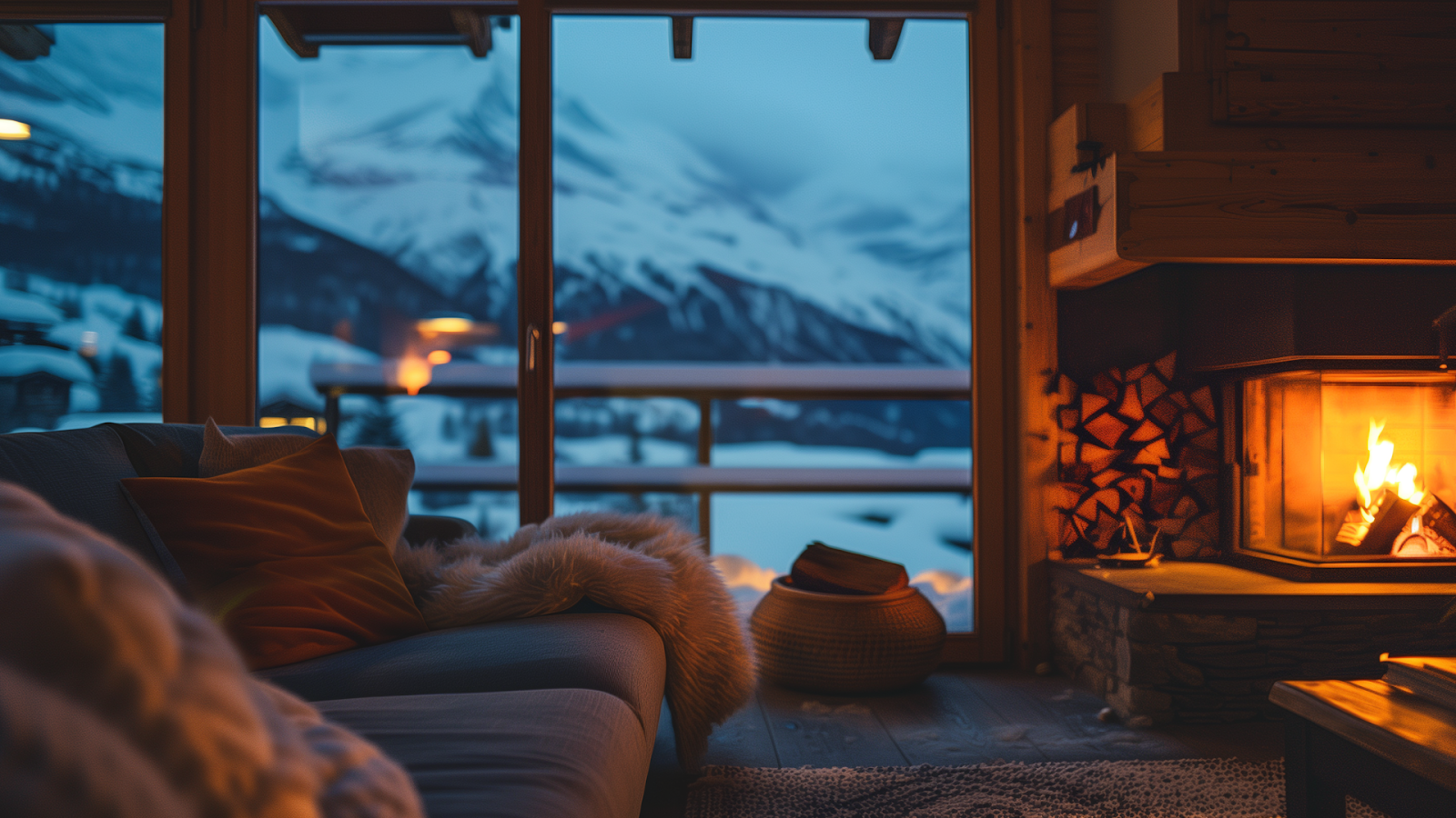 Cozy evening in a luxurious Swiss Alps cabin, with a fireplace and a stunning snow-covered mountain view, embodying warmth and comfort.