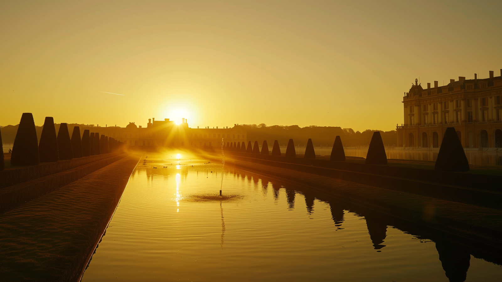 Sunrise over Versailles gardens with palace silhouette and illuminated fountains.