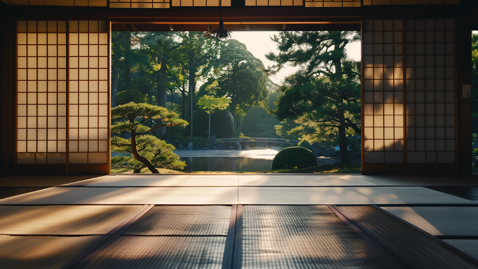 View through shoji screen of a zen garden at Kyoto's Imperial Palace in the early morning light.