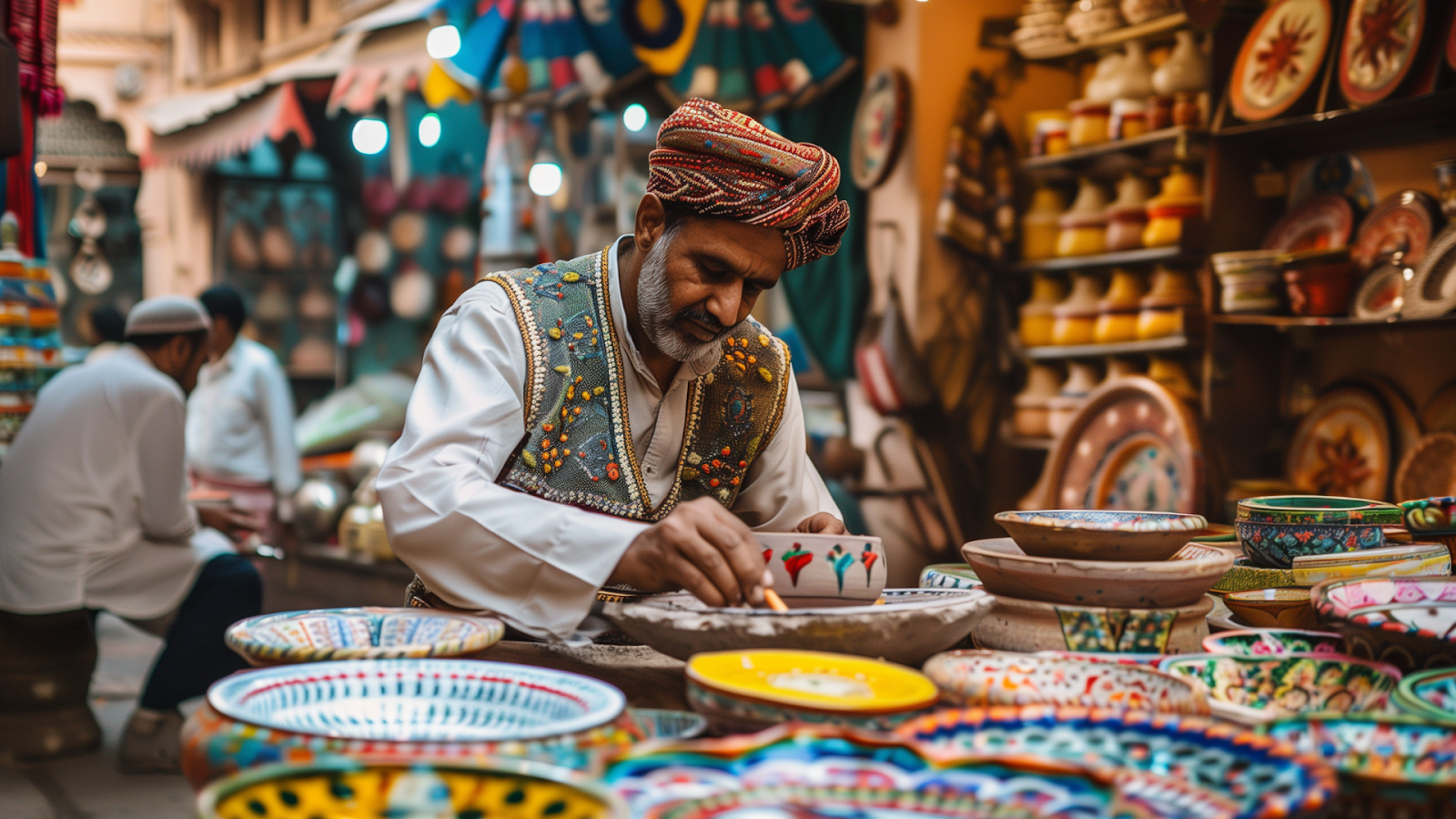 Artisan hand-painting ceramics in Jaipur's vibrant market, showcasing traditional Rajasthani craftsmanship.