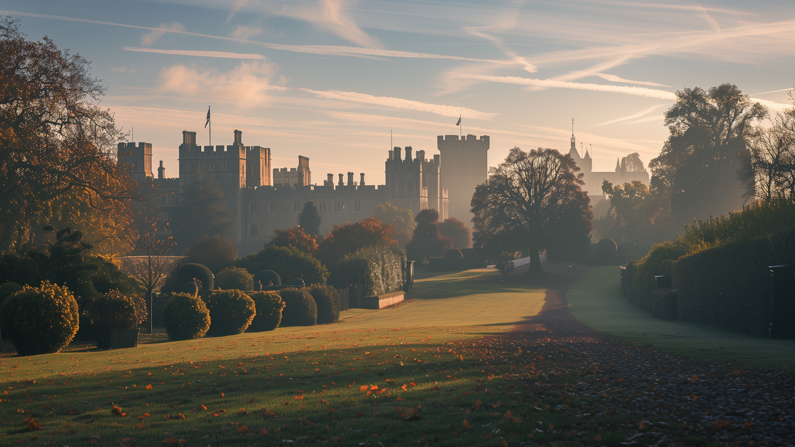 Early morning serenity at Windsor Castle, showcasing its detailed façade and gardens in soft sunlight.
