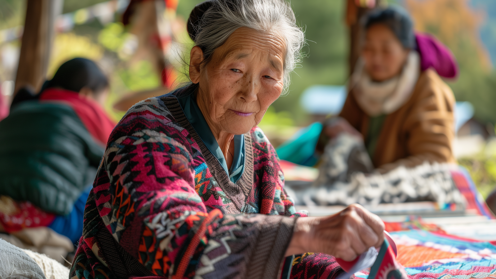 Bhutanese artisans weave traditional textiles outdoors, framed by the vivid Himalayan landscape.