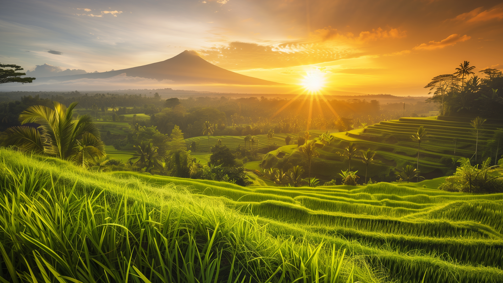 Golden sunrise illuminating the lush rice terraces of Ubud, Bali, with Mount Agung in the distance, highlighting Bali's natural and cultural beauty.