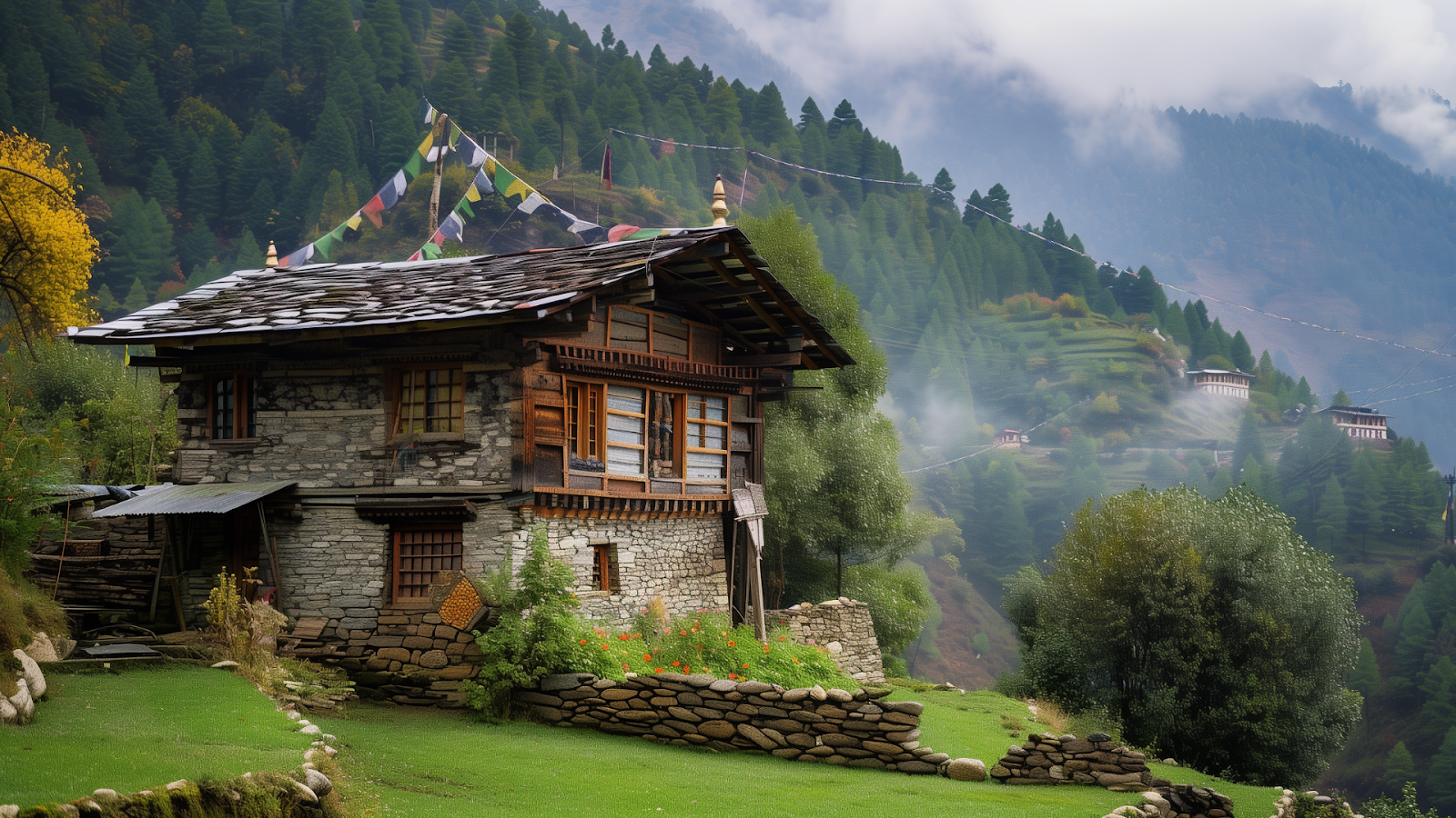 A traditional Bhutanese farmhouse in the Himalayas, adorned with colorful prayer flags. 