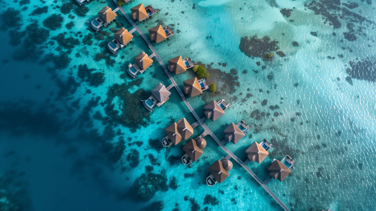 Golden hour illuminates an eco luxury resort in the Maldives, highlighting its overwater bungalows and turquoise waters.