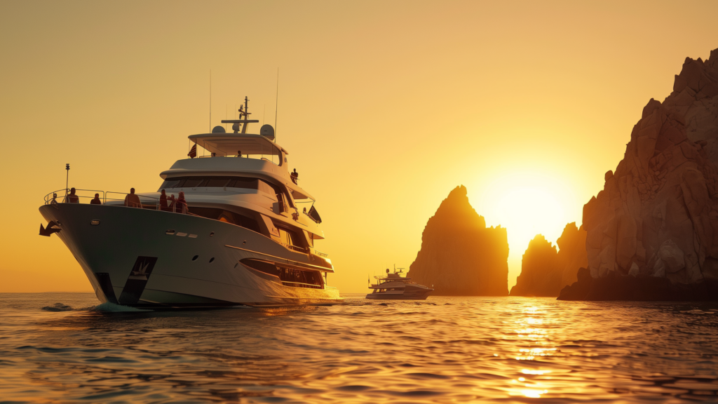 Luxury yacht party at sunset near El Arco in Cabo San Lucas with guests enjoying cocktails.