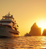 Luxury yacht party at sunset near El Arco in Cabo San Lucas with guests enjoying cocktails.