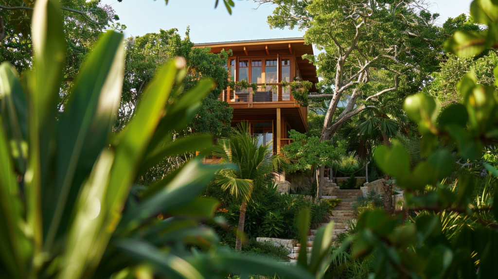 An eco-friendly treehouse vacation rental nestled in lush greenery in Turks and Caicos.