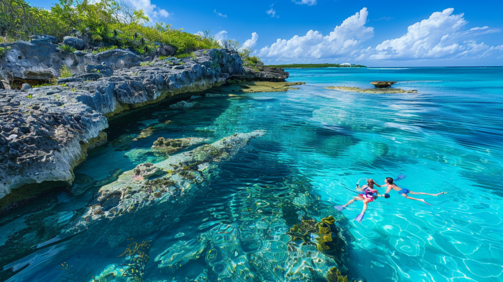 A family snorkeling in the vibrant coral reefs of Turks and Caicos.
